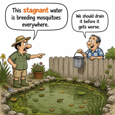 stagnant (durgun (su/ekonomi), hareketsiz, gelişmeyen) karikatürü — diyalogla bağlam içinde öğren