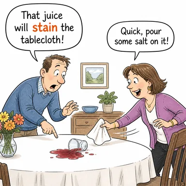 stain (lekelemek, boyamak; (isim) leke) karikatürü — diyalogla bağlam içinde öğren