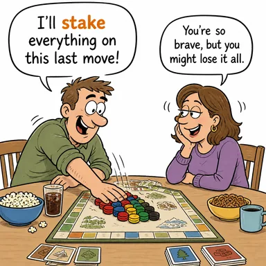 stake (riske atmak, bahse girmek) karikatürü — diyalogla bağlam içinde öğren
