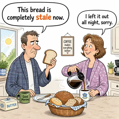 stale (bayat, eskimiş, havasız) karikatürü — diyalogla bağlam içinde öğren