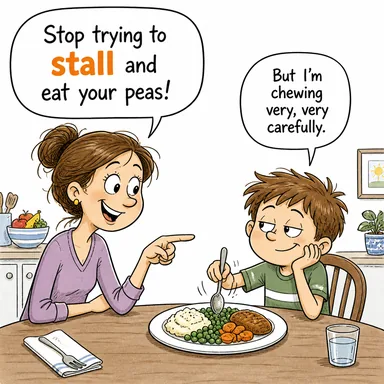 stall (oyalamak, vakit kazanmak; (motor) stop etmek) karikatürü — diyalogla bağlam içinde öğren