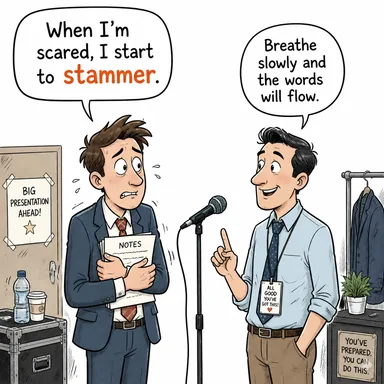 stammer (kekelemek) karikatürü — diyalogla bağlam içinde öğren