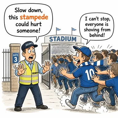 stampede (izdiham, panik halinde kaçışma) karikatürü — diyalogla bağlam içinde öğren