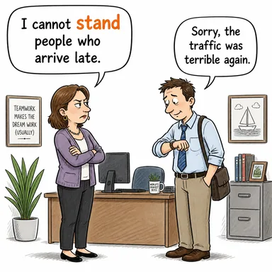 stand (ayakta durmak; katlanmak; (fikir) savunmak) karikatürü — diyalogla bağlam içinde öğren