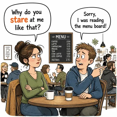 stare (dik dik bakmak, gözünü dikmek) karikatürü — diyalogla bağlam içinde öğren