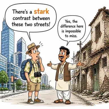 stark (çıplak, yalın; (fark) keskin, bariz; sert) karikatürü — diyalogla bağlam içinde öğren