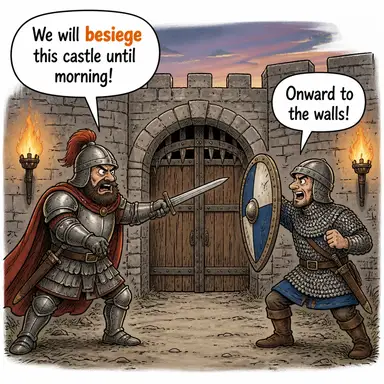besiege (kuşatmak, etrafını sarmak) karikatürü — diyalogla bağlam içinde öğren