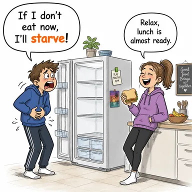 starve (açlık çekmek, açlıktan ölmek) karikatürü — diyalogla bağlam içinde öğren