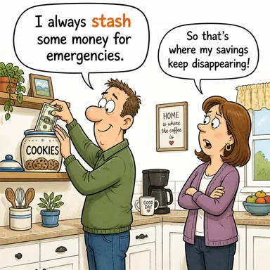 stash (zulalamak, gizlice saklamak) karikatürü — diyalogla bağlam içinde öğren