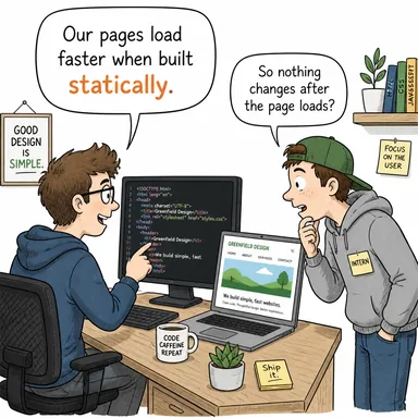 statically (statik olarak, durağan bir şekilde) karikatürü — diyalogla bağlam içinde öğren