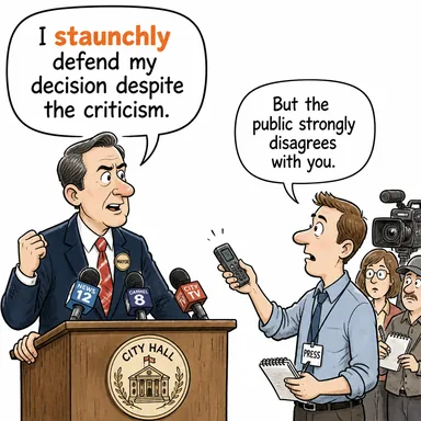 staunchly (kararlılıkla, sarsılmaz bir şekilde) karikatürü — diyalogla bağlam içinde öğren
