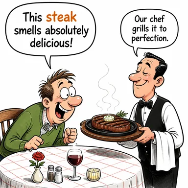 steak (biftek, et dilimi) karikatürü — diyalogla bağlam içinde öğren