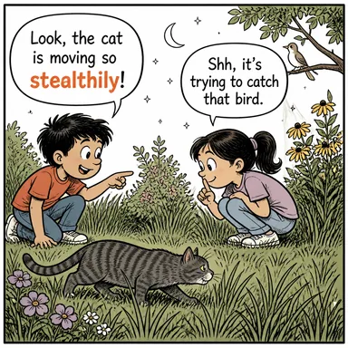 stealthily (gizlice, sinsice, fark ettirmeden) karikatürü — diyalogla bağlam içinde öğren