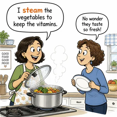 steam (buhar çıkarmak, buğulanmak, (sebze) buharda pişirmek) karikatürü — diyalogla bağlam içinde öğren