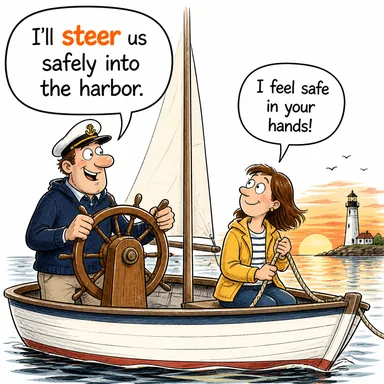 steer (yönlendirmek, idare etmek, direksiyonu tutmak) karikatürü — diyalogla bağlam içinde öğren