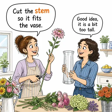 stem (gövde, sap, (dilbilgisi) kök) karikatürü — diyalogla bağlam içinde öğren