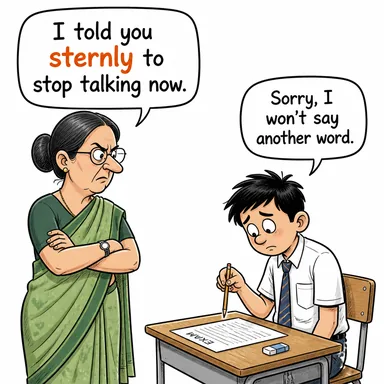 sternly (sertçe, ciddi bir şekilde) karikatürü — diyalogla bağlam içinde öğren