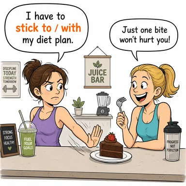 stick to / with (bağlı kalmak, sadık kalmak, vazgeçmemek) karikatürü — diyalogla bağlam içinde öğren