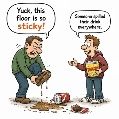 sticky (yapışkan, (durum) zorlu/sıkıntılı) karikatürü — diyalogla bağlam içinde öğren