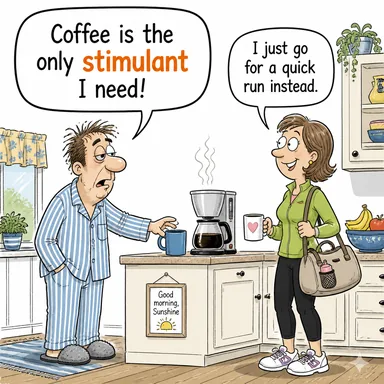 stimulant (canlandırıcı, teşvik edici unsur) karikatürü — diyalogla bağlam içinde öğren