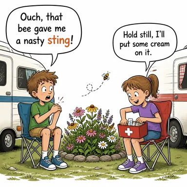 sting (arı sokması, iğne, sızı) karikatürü — diyalogla bağlam içinde öğren