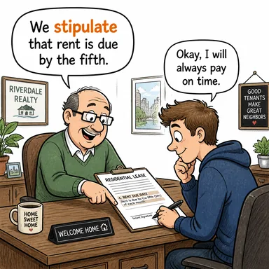 stipulate (şart koşmak, sözleşmede belirtmek) karikatürü — diyalogla bağlam içinde öğren