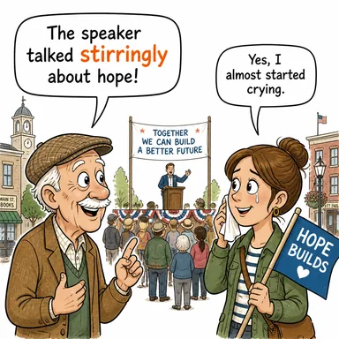 stirringly (heyecan verici bir şekilde, duygandırarak) karikatürü — diyalogla bağlam içinde öğren