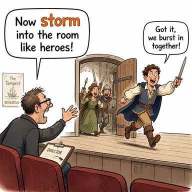 storm (hızla girmek, hücum etmek, öfkelenmek) karikatürü — diyalogla bağlam içinde öğren