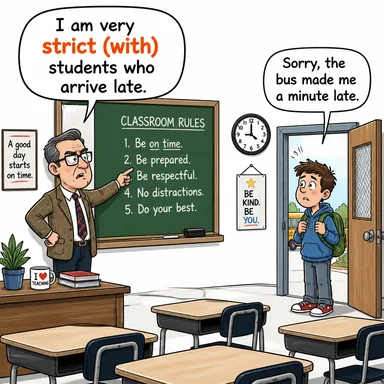 strict (with) (sert, katı, hoşgörüsüz, disiplinli) karikatürü — diyalogla bağlam içinde öğren