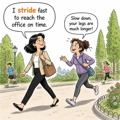 stride (uzun adımlarla yürümek; (mecazi) aşama, ilerleme) karikatürü — diyalogla bağlam içinde öğren