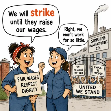 strike (vurmak, çarpmak, grev yapmak, (fikir) aklına gelmek) karikatürü — diyalogla bağlam içinde öğren