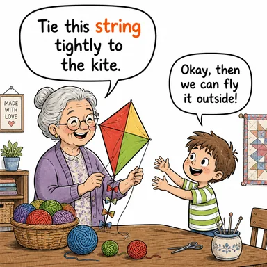 string (ip, tel, dizi) karikatürü — diyalogla bağlam içinde öğren