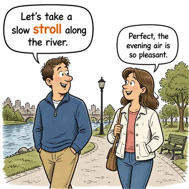 stroll (gezinmek, ağır ağır yürümek, tur atmak) karikatürü — diyalogla bağlam içinde öğren