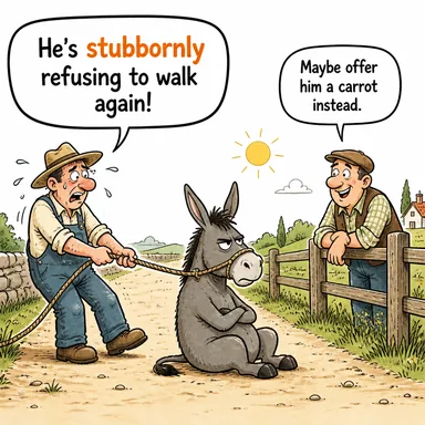 stubbornly (inatla, inatçı bir şekilde) karikatürü — diyalogla bağlam içinde öğren
