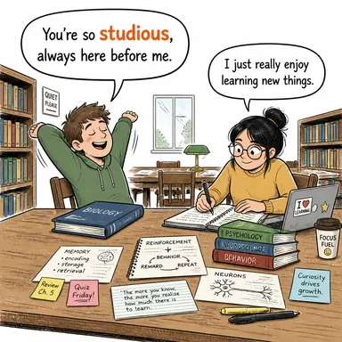 studious (çalışkan, okumayı seven, özenli) karikatürü — diyalogla bağlam içinde öğren