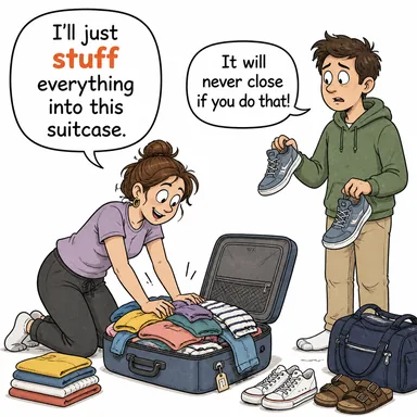 stuff (tıkıştırmak, doldurmak) karikatürü — diyalogla bağlam içinde öğren