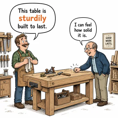 sturdily (sağlam bir şekilde, güçlüce) karikatürü — diyalogla bağlam içinde öğren