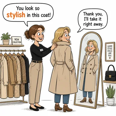 stylish (şık, modaya uygun, tarz sahibi) karikatürü — diyalogla bağlam içinde öğren