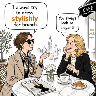 stylishly (şık bir şekilde) karikatürü — diyalogla bağlam içinde öğren