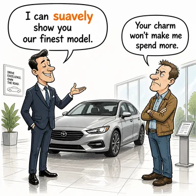 suavely (nazikçe, tatlı dille, kibarca (genelde yapmacık)) karikatürü — diyalogla bağlam içinde öğren
