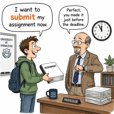 submit (sunmak, teslim etmek; boyun eğmek (to)) karikatürü — diyalogla bağlam içinde öğren