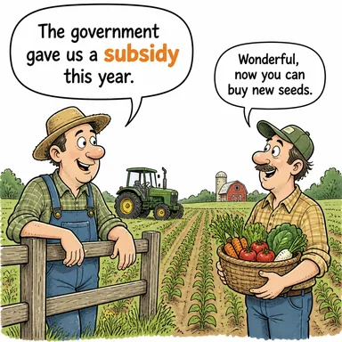 subsidy (devlet desteği, sübvansiyon, mali yardım) karikatürü — diyalogla bağlam içinde öğren
