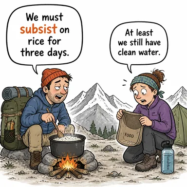 subsist (hayatta kalmak, (kıt kanaat) geçinmek) karikatürü — diyalogla bağlam içinde öğren