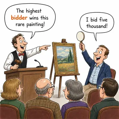 bidder (teklif veren (ihaleye/açık artırmaya)) karikatürü — diyalogla bağlam içinde öğren