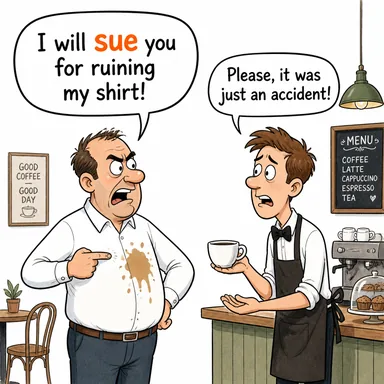 sue (dava açmak, mahkemeye vermek) karikatürü — diyalogla bağlam içinde öğren