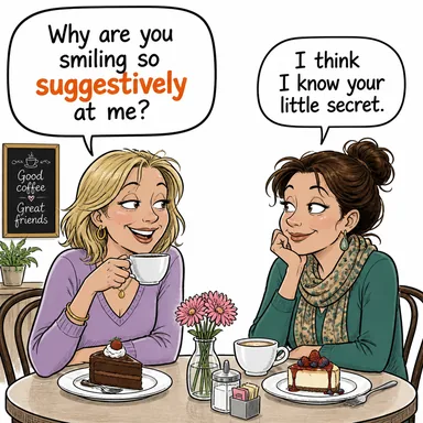 suggestively (imalı bir şekilde, anlamlıca) karikatürü — diyalogla bağlam içinde öğren
