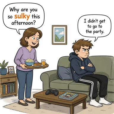 sulky (asık suratlı, somurtkan, küskün) karikatürü — diyalogla bağlam içinde öğren