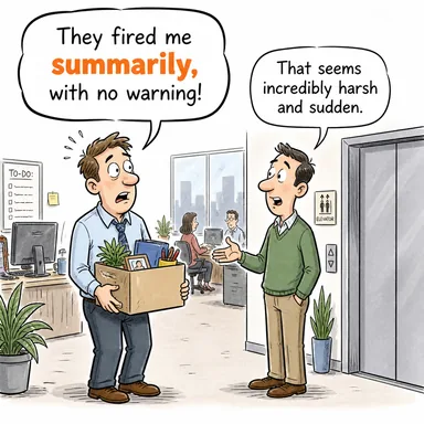 summarily (özetle, derhal, usulüne bakmadan) karikatürü — diyalogla bağlam içinde öğren