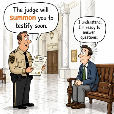 summon (resmi olarak çağırmak, celp etmek) karikatürü — diyalogla bağlam içinde öğren