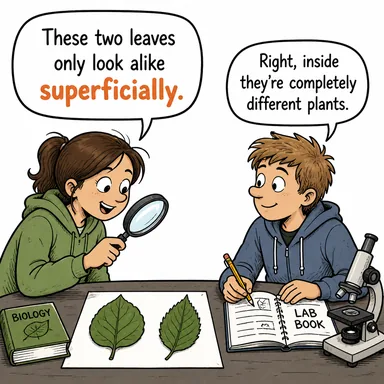 superficially (yüzeysel olarak, görünüşte) karikatürü — diyalogla bağlam içinde öğren